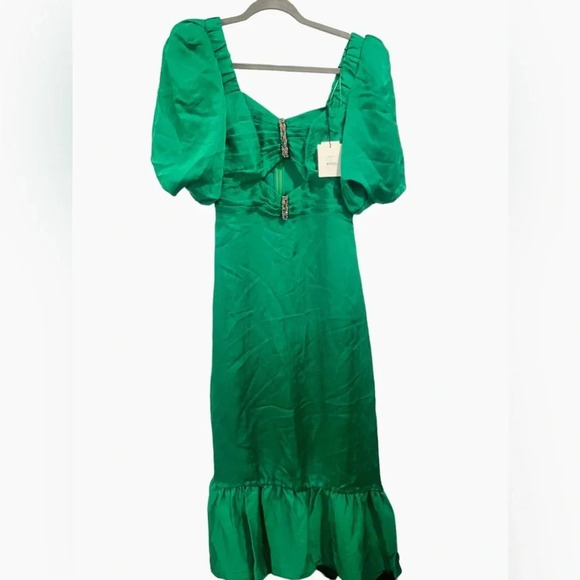 💚 Sandro Paris Rhinestone Cutout Green Midi Dress ✨ Puff Sleeve Glam 💚 - Picture 2 of 4